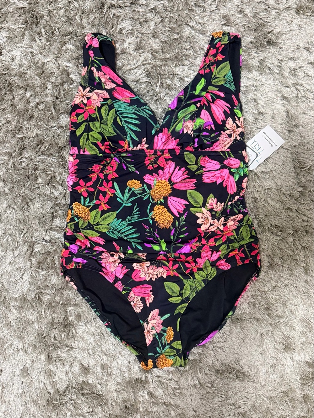 Women Floral Black One-Piece Swimsuit - Pink & Green